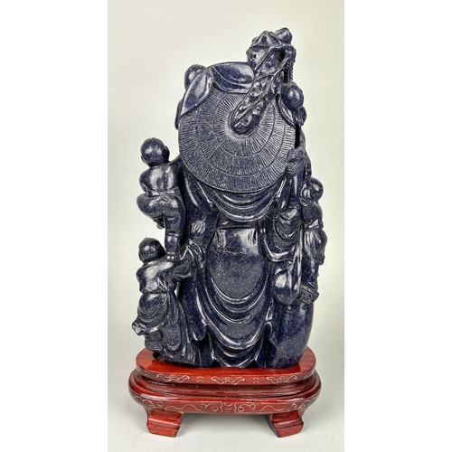 247 - A LARGE CHINESE LAPIS LAZULI SCULPTURE DEPICTING THE BUDDHA WITH CHILDREN, 

30cm x 16cm 

With rose... 