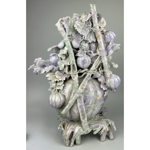 245 - A VERY LARGE AND HEAVY CHINESE JADE SCULPTURE DEPICTING FRUITS, BIRDS AN FOLIAGE, 

67cm H x 43cm W