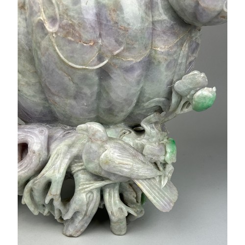 245 - A VERY LARGE AND HEAVY CHINESE JADE SCULPTURE DEPICTING FRUITS, BIRDS AN FOLIAGE, 

67cm H x 43cm W