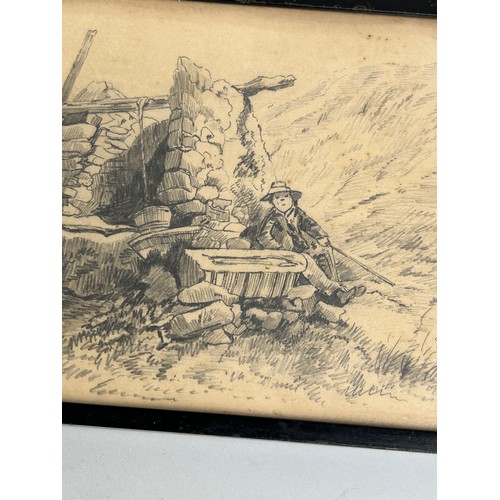 419 - A PENCIL SKETCH DEPICTING A FIGURE RESTING BESIDE A WELL, 

26cm x 17cm.

Framed and glazed.