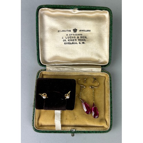 177 - A PAIR OF 9CT GOLD AND PEARL EARRINGS ALONG WITH A PAIR OF GOLD AND PASTE EARRINGS, 

Housed in an a... 