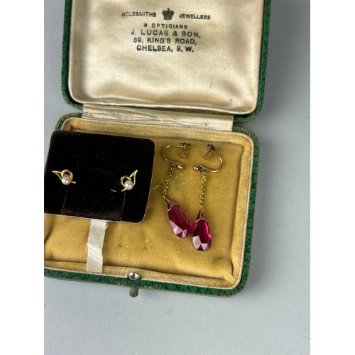 177 - A PAIR OF 9CT GOLD AND PEARL EARRINGS ALONG WITH A PAIR OF GOLD AND PASTE EARRINGS, 

Housed in an a... 