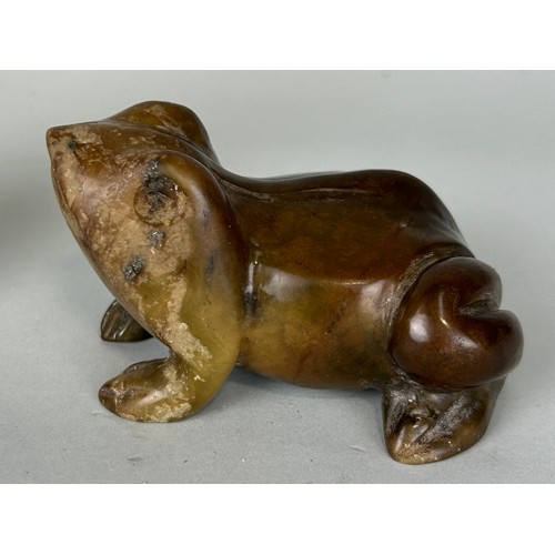 186 - A CHINESE SOAPSTONE FIGURE ALONG WITH A JADE OR STONE FROG OR TOAD, 

Largest 22cm H