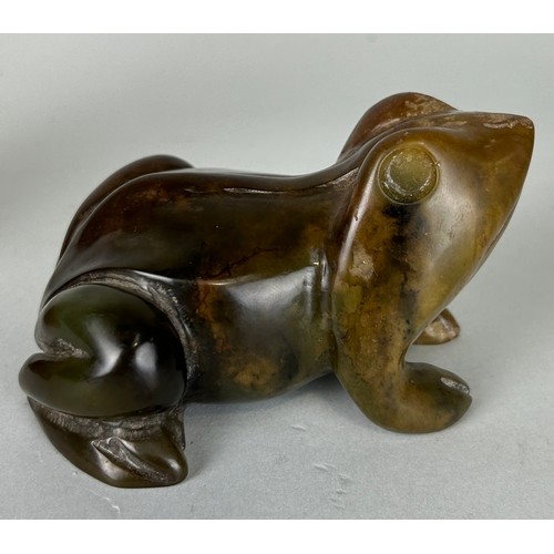 186 - A CHINESE SOAPSTONE FIGURE ALONG WITH A JADE OR STONE FROG OR TOAD, 

Largest 22cm H