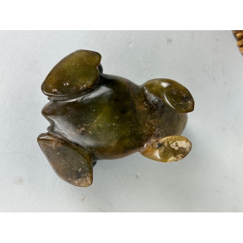 186 - A CHINESE SOAPSTONE FIGURE ALONG WITH A JADE OR STONE FROG OR TOAD, 

Largest 22cm H