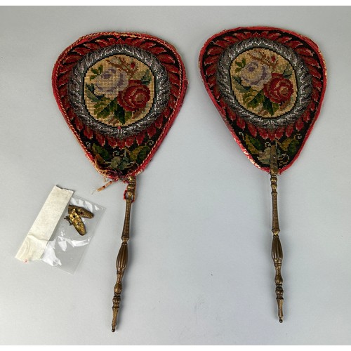 203 - A PAIR OF ANTIQUE FIRE FANS FLORAL NEEDLEWORK, 

42cm L