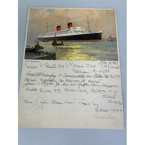 423 - TRAVEL AND EXPLORATION INTEREST: RMS MAURETANIA A MENU FROM THE FAREWELL DINNER 1951 ALONG WITH AN I... 