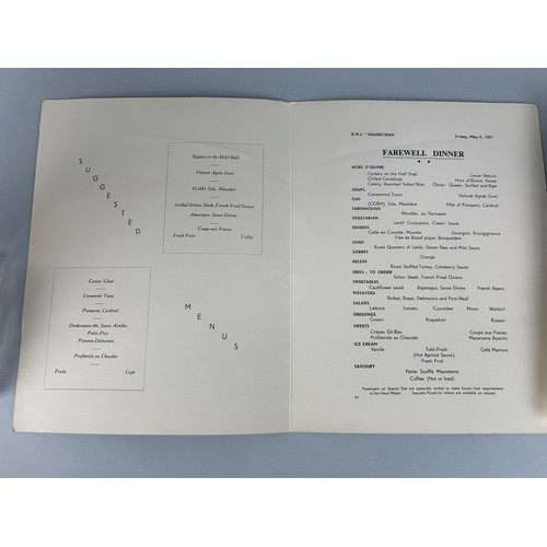 423 - TRAVEL AND EXPLORATION INTEREST: RMS MAURETANIA A MENU FROM THE FAREWELL DINNER 1951 ALONG WITH AN I... 