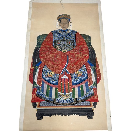 42 - A 19TH CENTURY CHINESE ANCESTRAL PORTRAIT ON SILK SCROLL, 

Painting 156cm x 89cm 

Scroll 203cm x 9... 