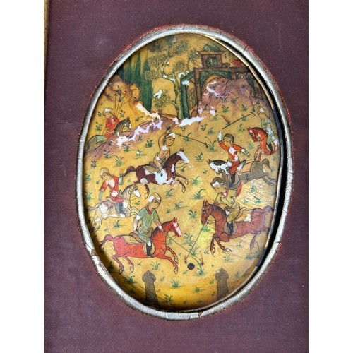 421 - A PERSIAN PAINTING ON METAL, 

12cm x 8cm 

Mounted in a frame.

20cm x 15cm