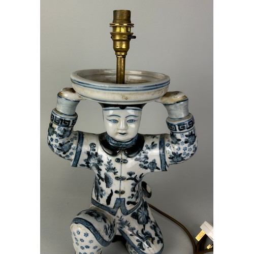 475 - A CHINESE BLUE AND WHITE TABLE LAMP IN THE FORM OF A BOY, 

32cm H