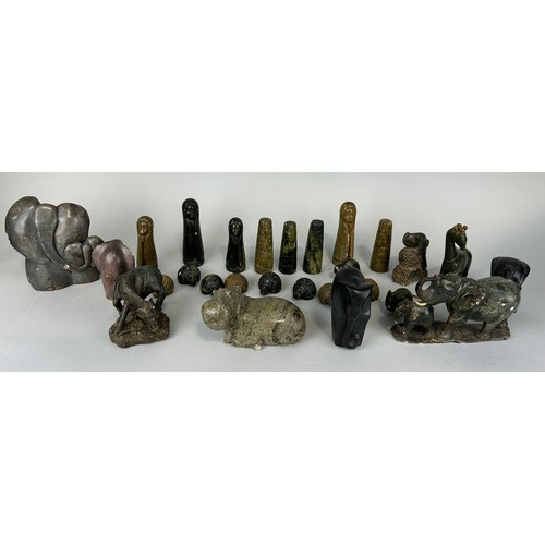 253 - A COLLECTION OF AFRICAN STONE ANIMALS AND FIGURES, 

To include an elephant, hippo, giraffe.