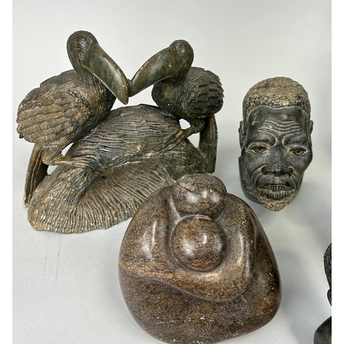 251 - A COLLECTION OF AFRICAN SCULPTURAL STONE HEADS AND ANIMALS,