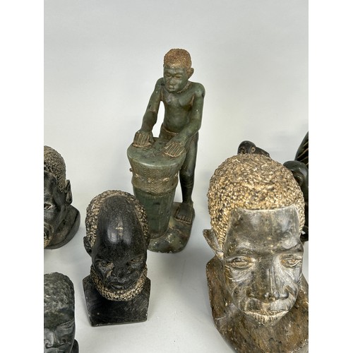 251 - A COLLECTION OF AFRICAN SCULPTURAL STONE HEADS AND ANIMALS,