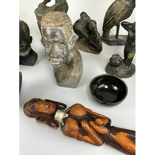 251 - A COLLECTION OF AFRICAN SCULPTURAL STONE HEADS AND ANIMALS,