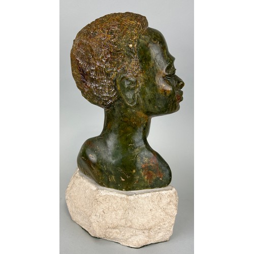 252 - A FINE AFRICAN SOAPSTONE BUST OF A FIGURE MOUNTED ON A STONE STAND,
 
30cm H

On stand 21cm H