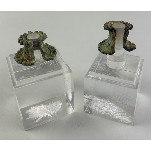 104 - A PAIR OF PRE-COLUMBIAN TUMBAGA LABRETS, 

2cm x 1.5cm each. 

On perspex stands tallest 6cm