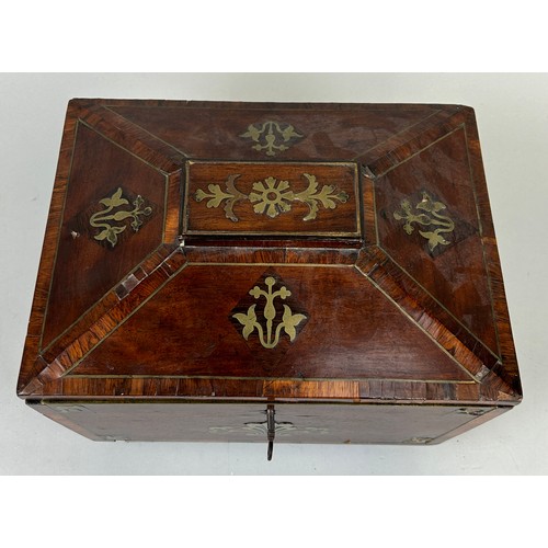 30 - A REGENCY PERIOD BOX WITH BRASS INLAY AND LION HEAD HANDLES, 

The fall front opening to reveal draw... 