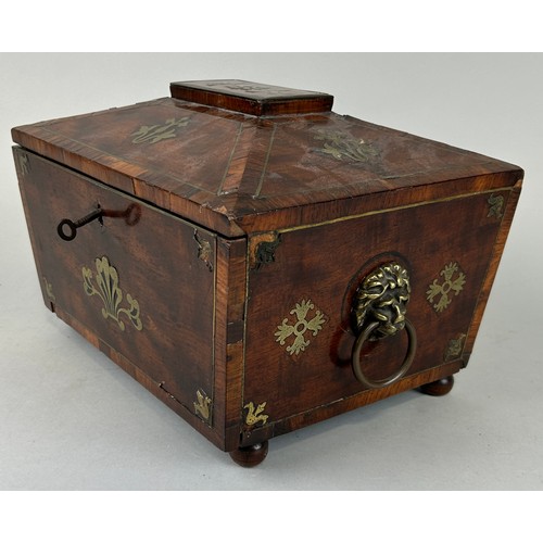 30 - A REGENCY PERIOD BOX WITH BRASS INLAY AND LION HEAD HANDLES, 

The fall front opening to reveal draw... 