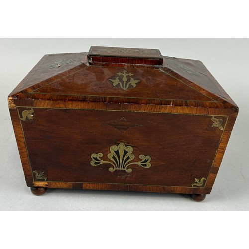 30 - A REGENCY PERIOD BOX WITH BRASS INLAY AND LION HEAD HANDLES, 

The fall front opening to reveal draw... 