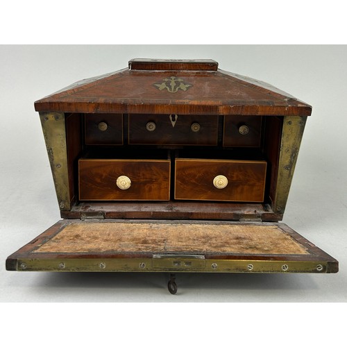 30 - A REGENCY PERIOD BOX WITH BRASS INLAY AND LION HEAD HANDLES, 

The fall front opening to reveal draw... 