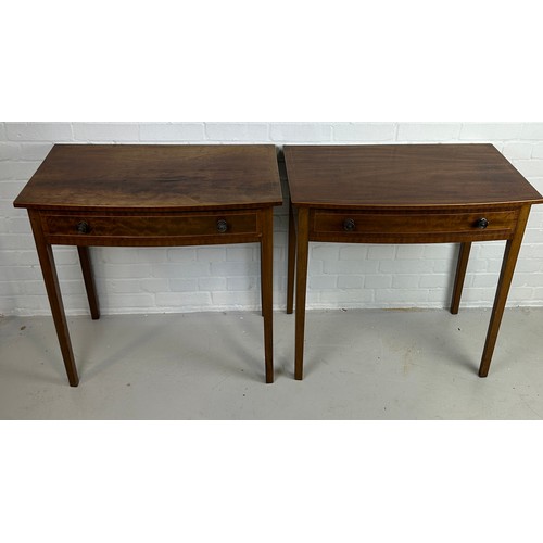 483 - A PAIR OF SHERATON REVIVAL MAHOGANY CONSOLE TABLES WITH LINE INLAY AND SINGLE DRAWER (2)

76cm x 76c... 