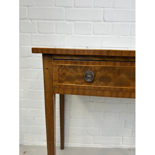 483 - A PAIR OF SHERATON REVIVAL MAHOGANY CONSOLE TABLES WITH LINE INLAY AND SINGLE DRAWER (2)

76cm x 76c... 