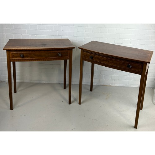 483 - A PAIR OF SHERATON REVIVAL MAHOGANY CONSOLE TABLES WITH LINE INLAY AND SINGLE DRAWER (2)

76cm x 76c... 