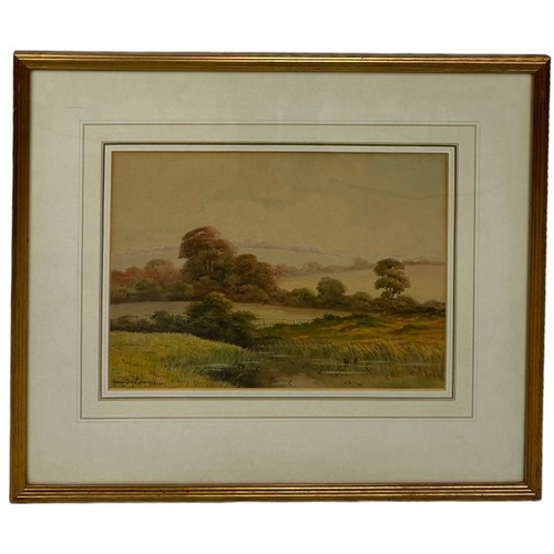 357 - GEORGE OYSTON (BRITISH 1860-1937): A WATERCOLOUR PAINTING ON PAPER DEPICTING A LANDSCAPE SCENE AT TO... 