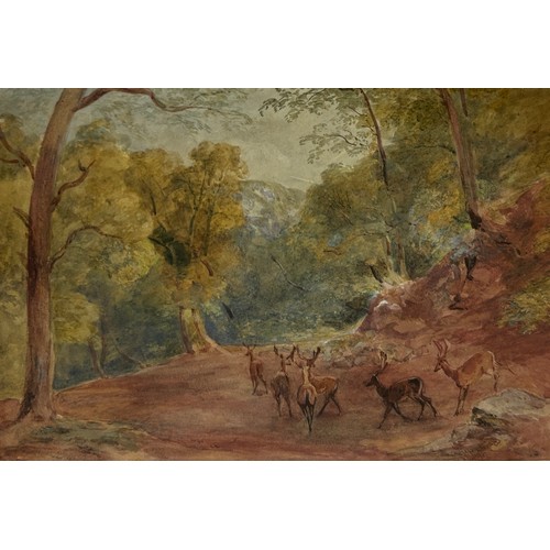 320 - A WATERCOLOUR PAINTING ON PAPER DEPICTING A GROUP OF DEER OR STAGS WALKING IN WOODLANDS, 

Inscribed... 