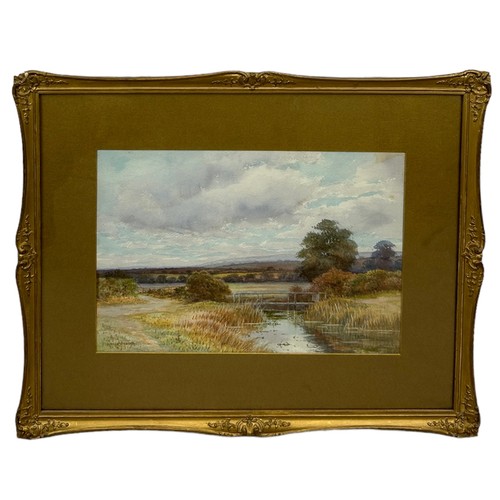 316 - GEORGE OYSTON (BRITISH 1860-1937): A WATERCOLOUR PAINTING ON PAPER DEPICTING A LANDSCAPE SCENE WITH ... 