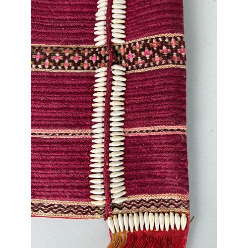 197 - A TIBETAN TEXTILE BAG WITH SHELLS, 

28cm x 25cm