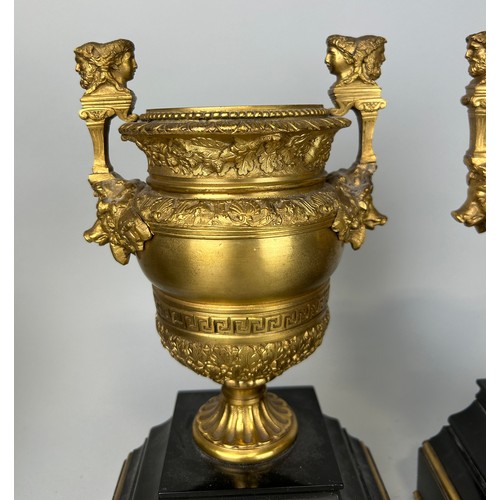 24 - A PAIR OF CLASSICAL GILT BRONZE URNS, 

28cm x 15cm x 10cm