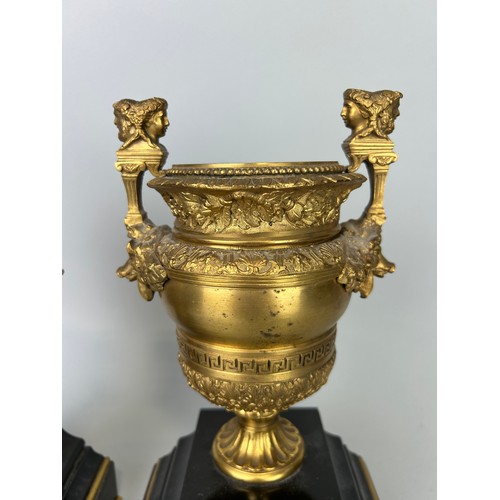 24 - A PAIR OF CLASSICAL GILT BRONZE URNS, 

28cm x 15cm x 10cm