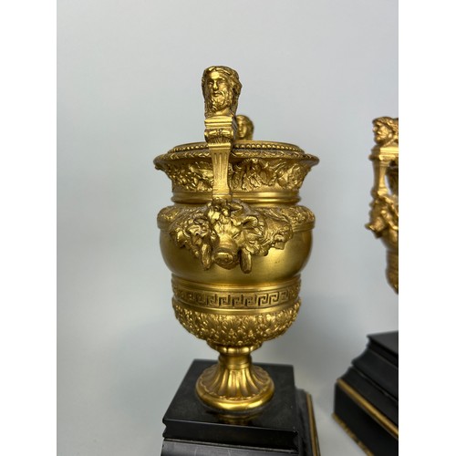 24 - A PAIR OF CLASSICAL GILT BRONZE URNS, 

28cm x 15cm x 10cm