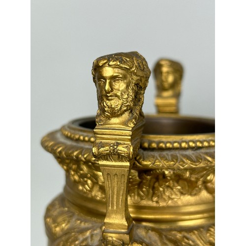 24 - A PAIR OF CLASSICAL GILT BRONZE URNS, 

28cm x 15cm x 10cm