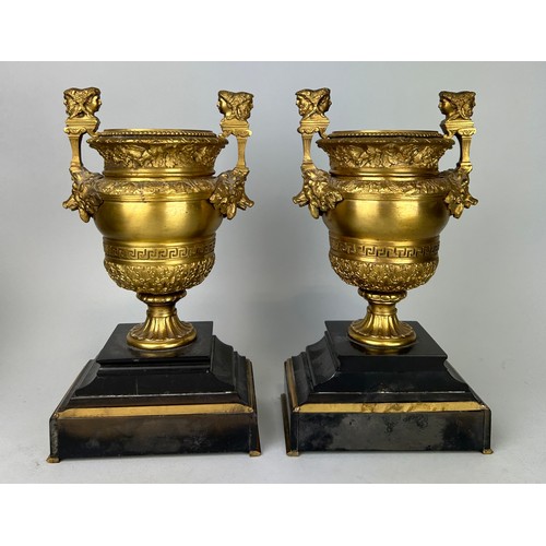 24 - A PAIR OF CLASSICAL GILT BRONZE URNS, 

28cm x 15cm x 10cm