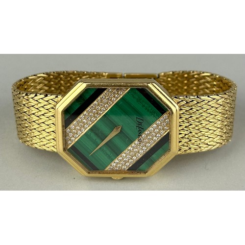 162 - A DELANAEU LADIES WRISTWATCH IN 18CT GOLD WITH MALACHITE AND DIAMOND DIAL, 

Weight: 109gms 

Blancp... 