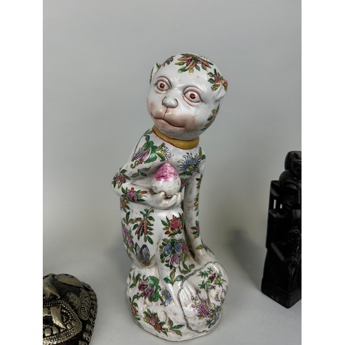 80 - A MIXED LOT OF CHINESE AND SOUTHEAST ASIAN ITEMS TO INCLUE A CERAMIC FAMILLE ROSE MONKEY,

30cm H