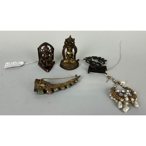 152 - A GROUP OF EARLY BRONZE INDIAN DEITIES ALONG WITH A SILVER BROOCH AND FAUX PEARL BROOCH (5)