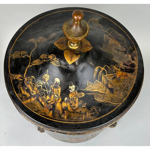 31 - A 19TH CENTURY CHINOISERIE COAL BOX WITH LID, 

Two handles raised on three lion paw feet. 

50cm x ... 