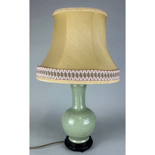 85 - A 20TH CENTURY CHINESE CELADON VASE ADAPTED FOR A LAMP, 

33cm H

With shade 54cm H