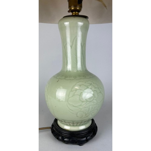 85 - A 20TH CENTURY CHINESE CELADON VASE ADAPTED FOR A LAMP, 

33cm H

With shade 54cm H