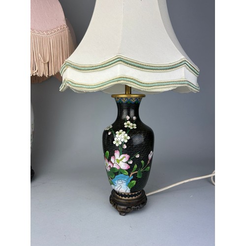 440 - A GROUP OF THREE CHINESE VASES ADAPTED AS LAMPS, 

Tallest 34cm. 

With shade 60cm