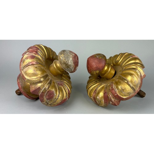 207 - A PAIR OF LARGE CARVED GILT WOOD HANDLES, 

30cm x 22cm