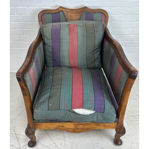 467 - A 19TH CENTURY WALNUT ARMCHAIR WITH STUDDED STRIPED UPHOLSTERED SEAT AND CUSHIONS , 

80cm x 83cm x ... 