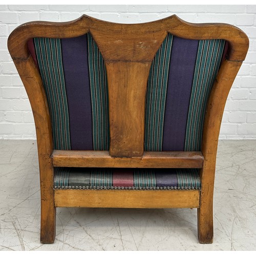 467 - A 19TH CENTURY WALNUT ARMCHAIR WITH STUDDED STRIPED UPHOLSTERED SEAT AND CUSHIONS , 

80cm x 83cm x ... 