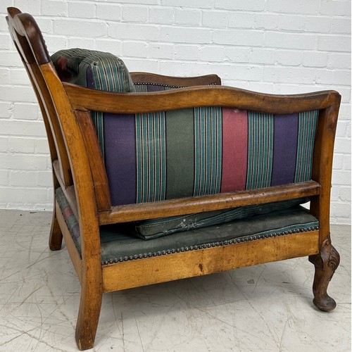 467 - A 19TH CENTURY WALNUT ARMCHAIR WITH STUDDED STRIPED UPHOLSTERED SEAT AND CUSHIONS , 

80cm x 83cm x ... 