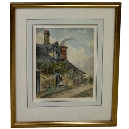 380 - A WATERCOLOUR PAINTING ON PAPER DEPICTING A SCENE OF A COTTAGE WITH A FIGURE,

Initialled EMS

24.5c... 