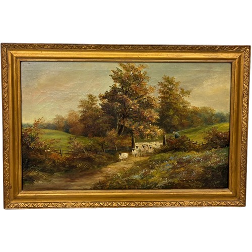 315 - AN OIL ON CANVAS PAINTING DEPICTING A FARMER WITH SHEEP IN THE FIELD, 

45cm x 28cm 

Mounted in a g... 